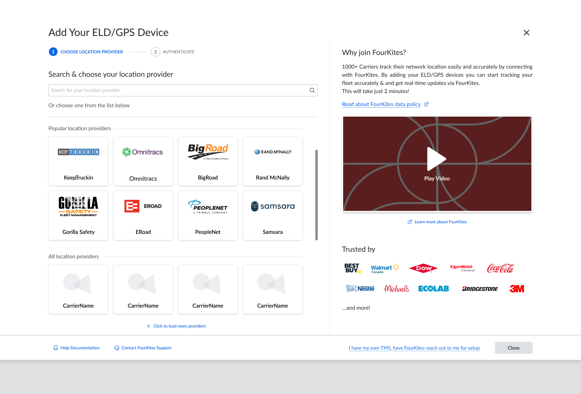 The carrier flow for adding a GPS/ELD provider after sign-up