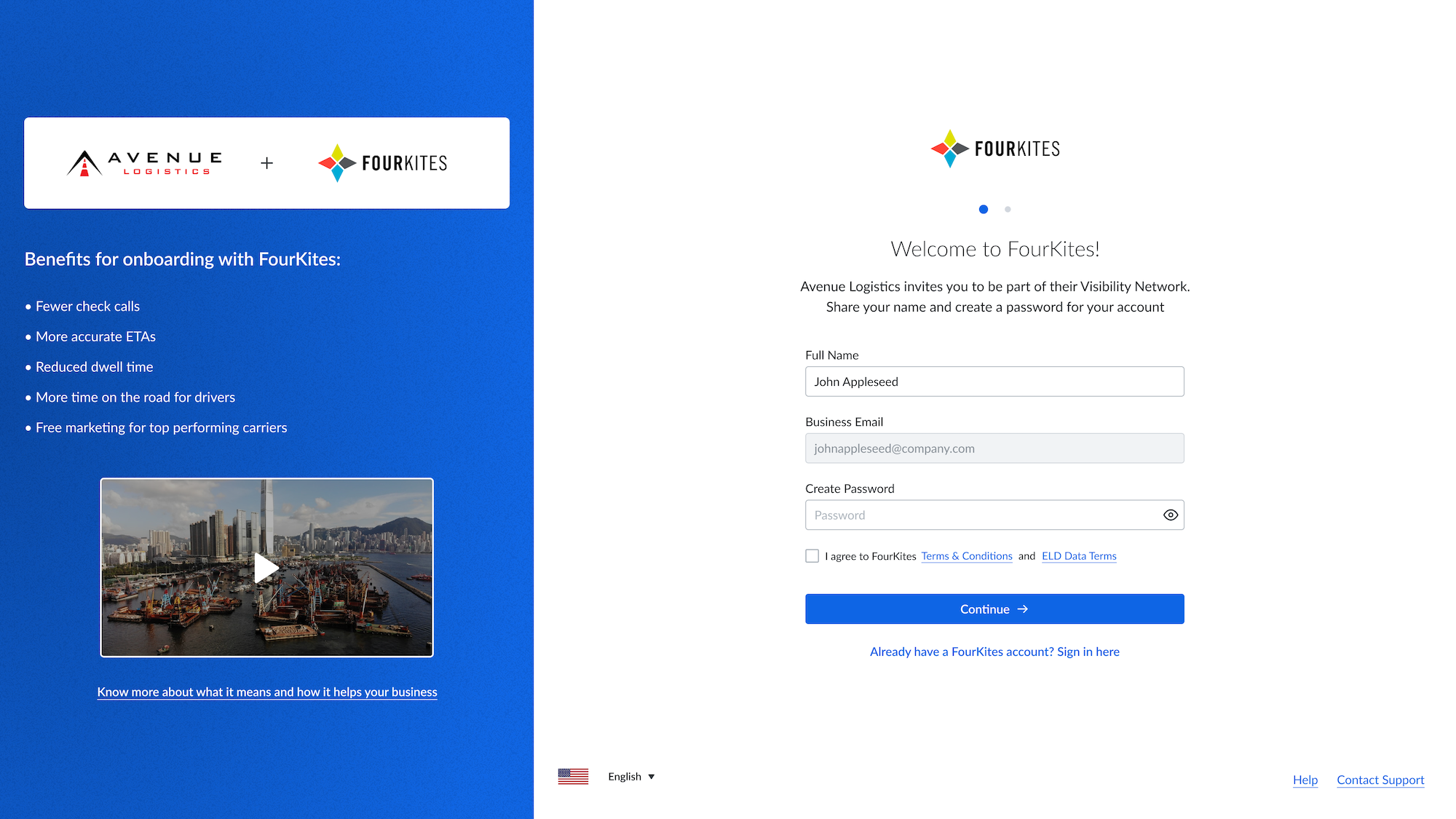 The redesigned carrier self-service sign-up page