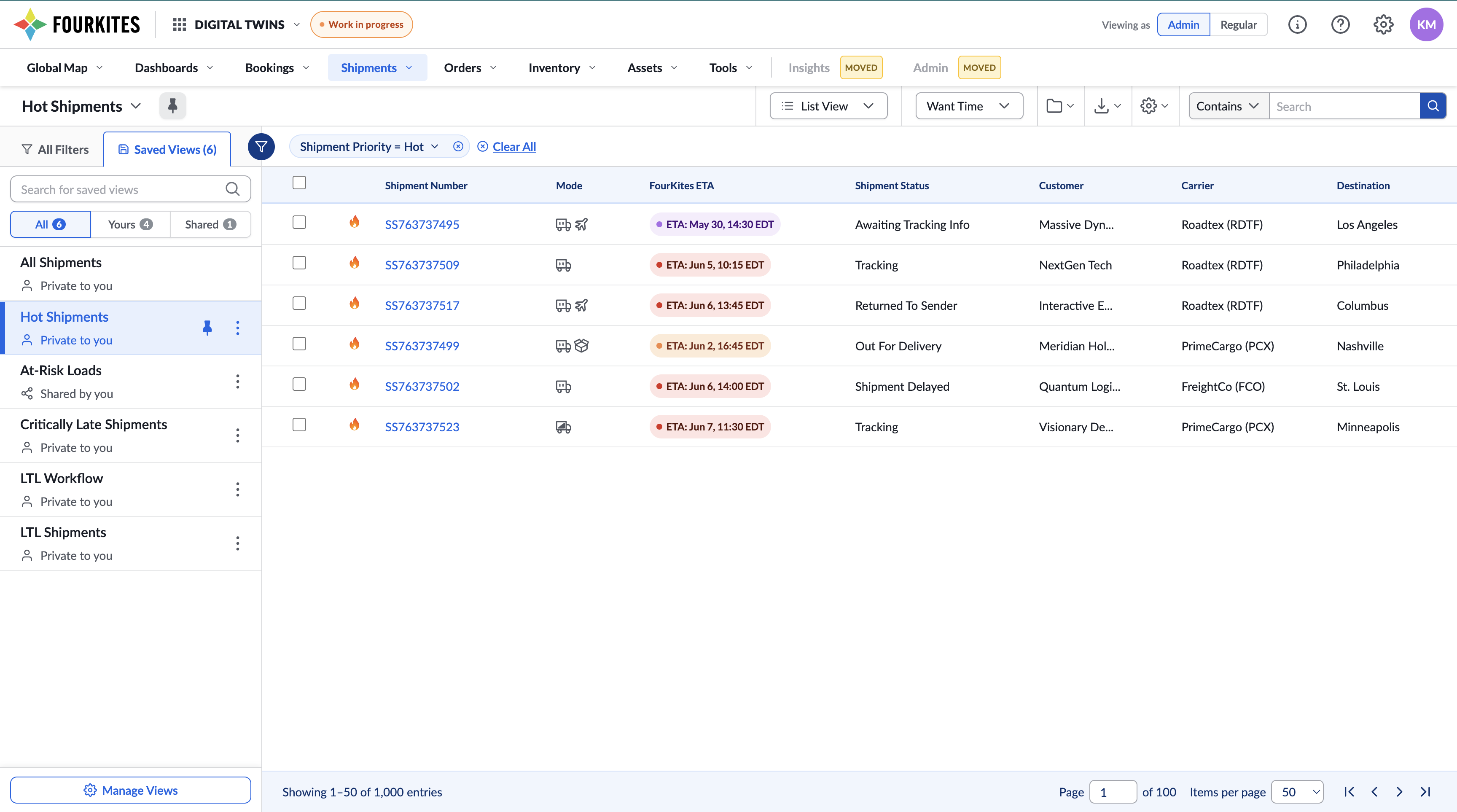 A redesigned shipment tracking interface with saved filter and column views.