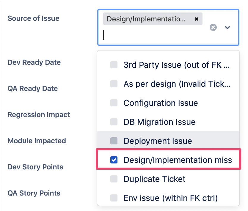 The 'Source of Issue' dropdown, with 'Design/Implementation miss' selected when a UX bug is logged