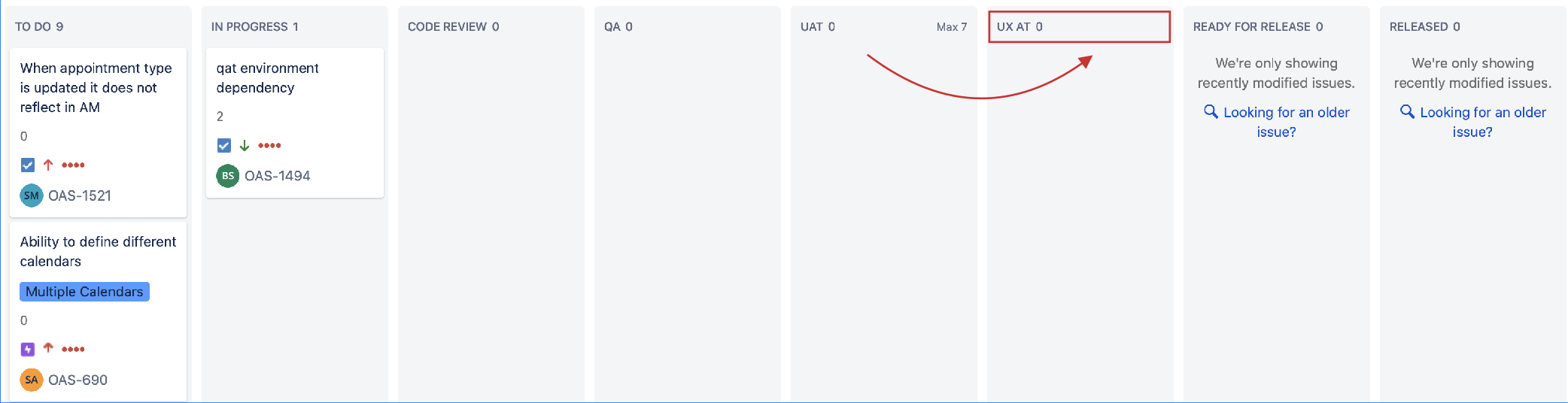 The dedicated UXAT lane in the ticket workflow board